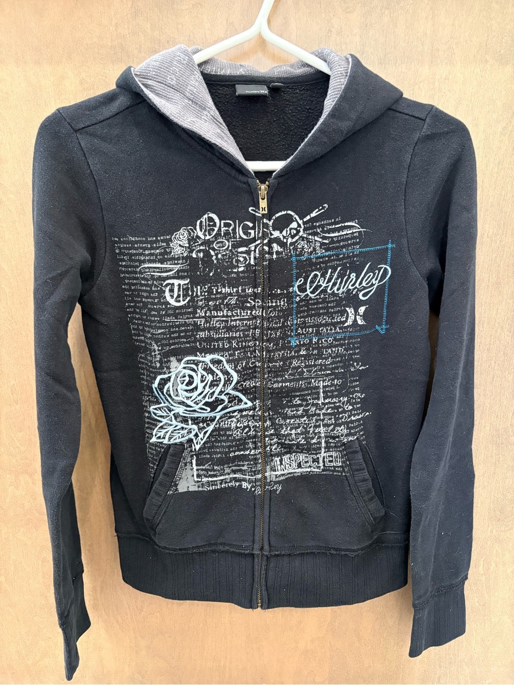 Hurley Black Zip Hoodie with White and Light Blue Graphics